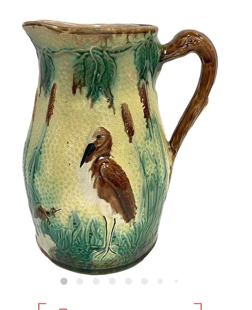 Vintage English Majolica Heron Cattails Ceramic Pitcher