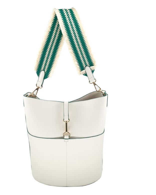 White Leather Bucket Tote w/Green Woven Strap