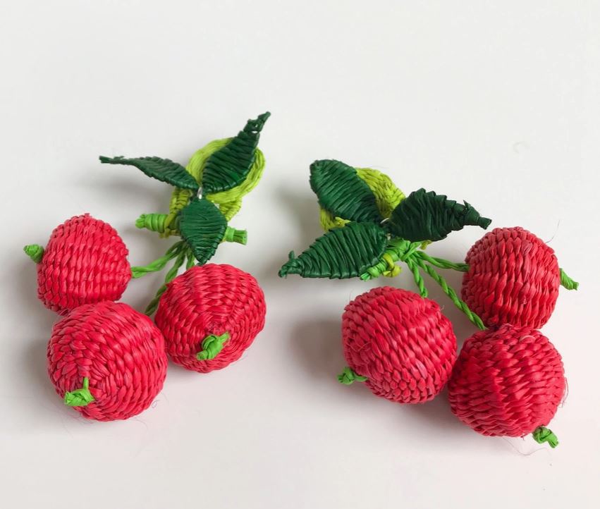 Straw Cherry w/ Leaf Drop Earrings - Clip OR Pierced