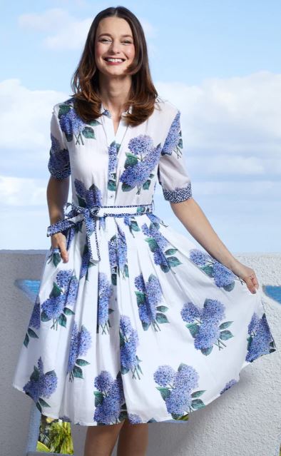 Mrs Maisel Dress - White with Hydrangeas - Dizzy Lizzie