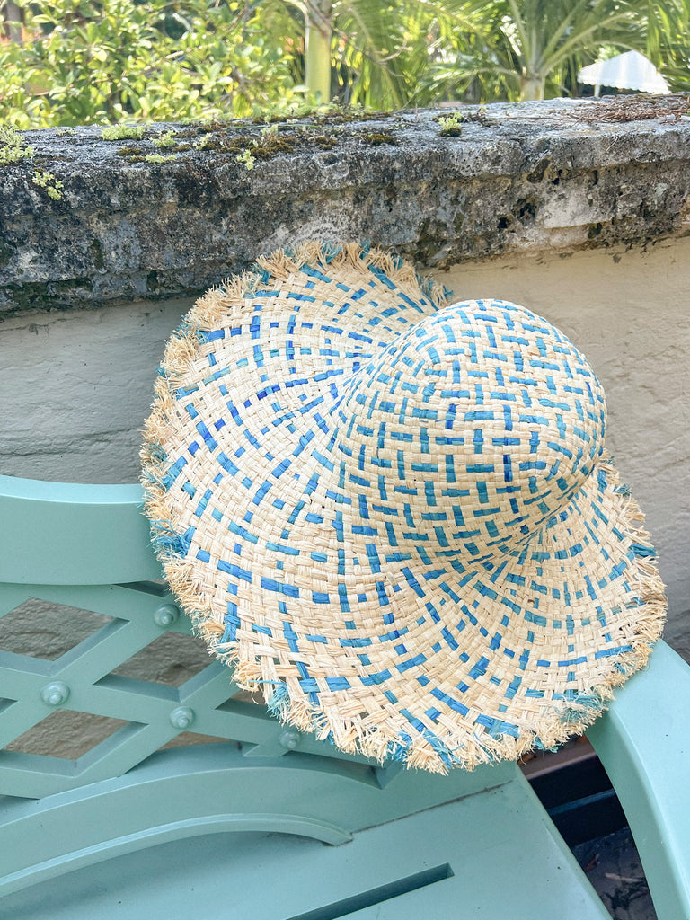 5" Natural & Periwinkle Woven Fringe Hat - The Kemble Shop