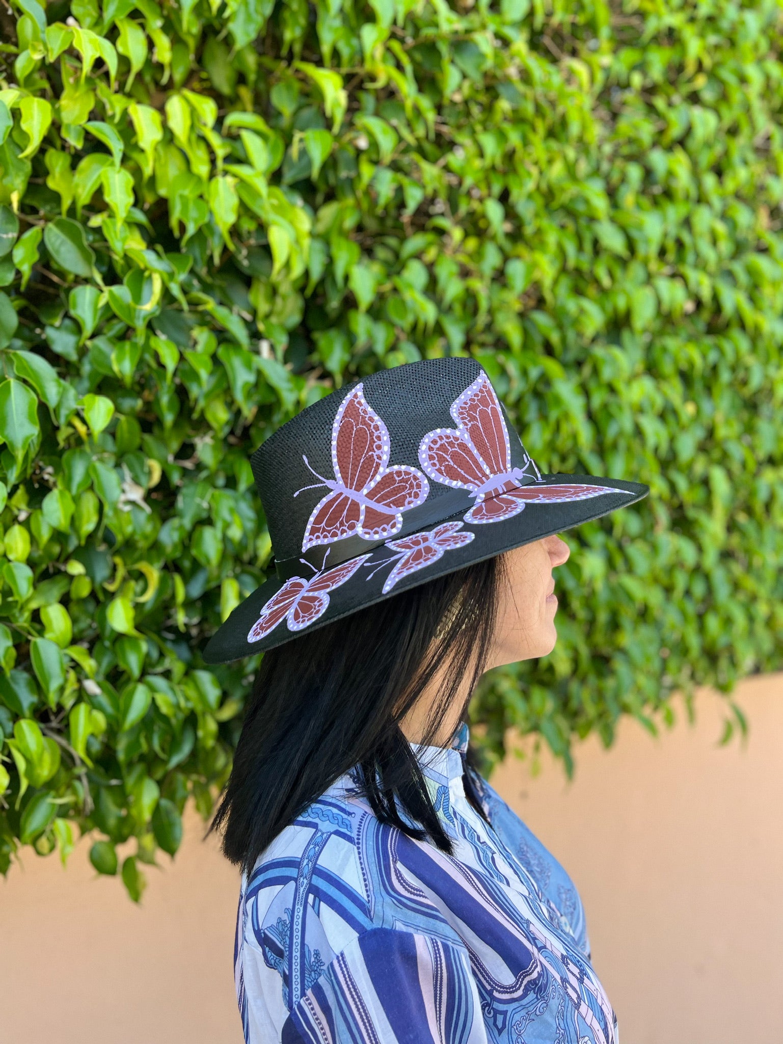 Hand-Painted Hat from Mexico - Butterflies - Straw, Red, Black Medium